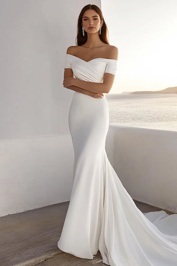 Ivory Chiffon Mermaid Off The Shoulder Sweep Train Boho Mermaid Wedding Dress